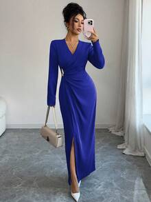 Elenzga Women's Elegant Solid Color Wrap Dress, Suitable For Commuting - Royal Blue - View 6