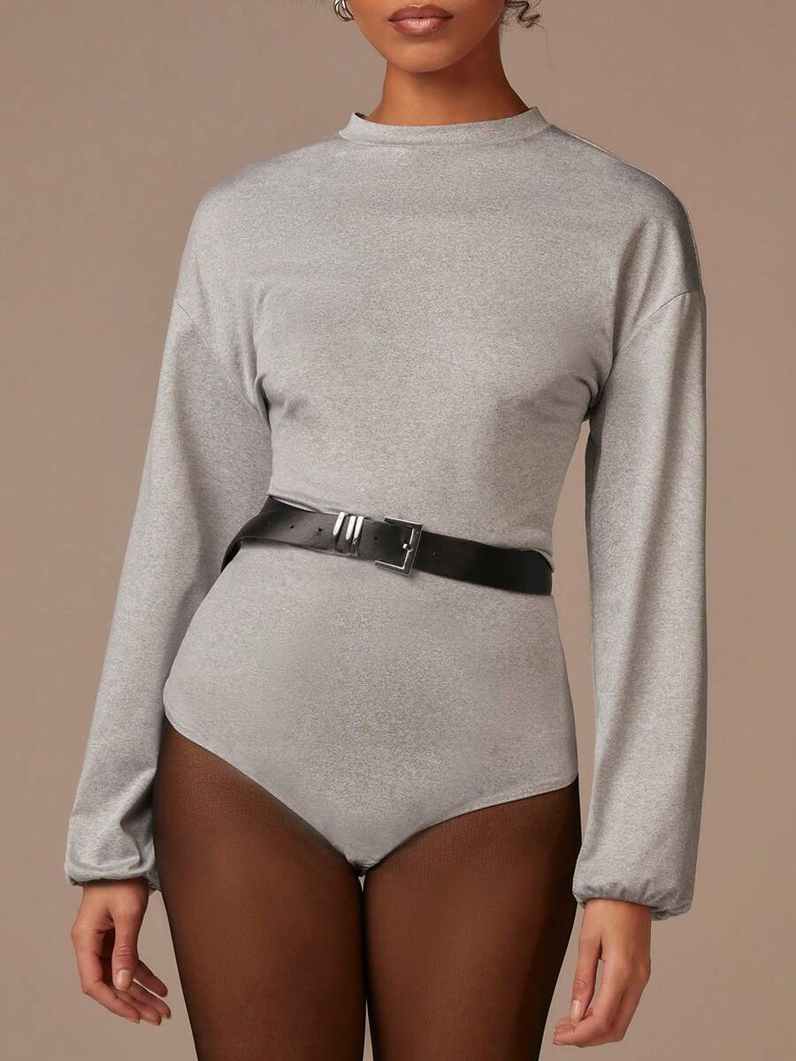 Athîral Women's Autumn Casual Everyday Grey Bodysuit Top,Long Sleeve Dropped Shoulder Loose Lantern Sleeve,Back Half Button Closure Body Suit,Fitted - Light Grey - View 1