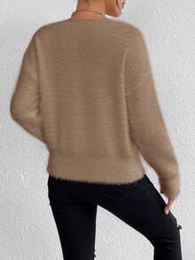LanaWest White V-Neck Casual Soft Knit Sweater, Long Sleeve Pullover Top, Autumn/Winter - Khaki - View 2
