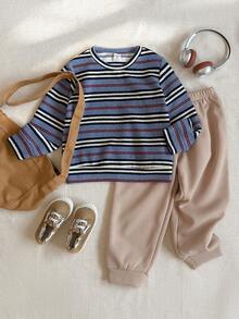 PrepCrw 2 件套年轻男孩优雅都市校园风格蓝、白、红条纹圆领长袖针织运动衫和卡其裤套装，适合休闲、郊游、聚会、圣诞节、秋冬季 - 彩色 - 查看 7