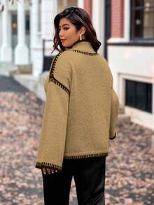 Vionelle Plus Size Women Knitted Pullover Sweater, Elegant Fashion Color Block Loose Fit Casual Versatile Top, Autumn/Winter Fall Sweater Jumper For Woman Brown Sweater Women Sweater Knitted Sweater - Khaki - View 2