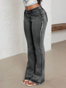SHEIN Unity Plus Size Y2K Streetwear Embroidered Flare Jeans - Dark Grey - View 7