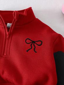 SHEIN 2 件套女婴羊毛衫和裤子套装，刺绣字母设计，适合户外和室内穿着的休闲装，秋冬 - 紅色 - 查看 4