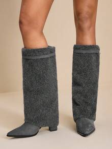 Daringsoles 女式尖头粗跟绒面西部流苏靴，修身高筒靴 - 深灰色 - 查看 4