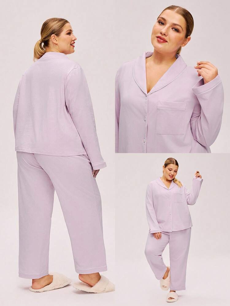 Ensemble de pyjama essentiel pour mariage pour femmes grandes tailles en automne et hiver, 100% coton doux rose. Ensemble de pyjama basique avec col châle, pantalon avec poches en coton pour femmes