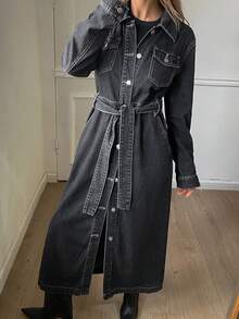 DAZY Women's Casual Washed Pocket Belt Denim Dress, Autumn - Dark Grey - View 3