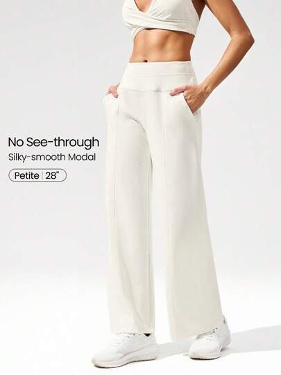 GLOWMODE 28" Softserene Modal Petite High-Waist Silky Smooth Non-See Through Side Pockets Wide Leg Pants Daily Casual Wear Fall Winter
