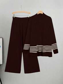 Linhara Bộ áo len dệt kim dáng rộng họa tiết sọc tương phản thường ngày đi làm cho nữ cỡ lớn và quần ống rộng, mùa thu/đông - Nhiều màu - Xem 1