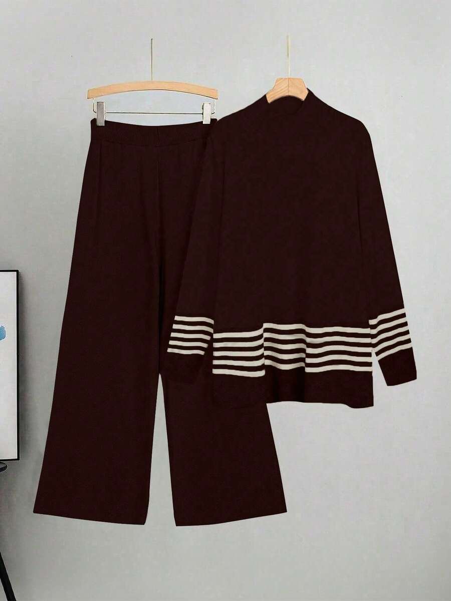 Linhara Bộ áo len dệt kim dáng rộng họa tiết sọc tương phản thường ngày đi làm cho nữ cỡ lớn và quần ống rộng, mùa thu/đông - Nhiều màu - Xem 1