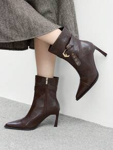 CUCCOO BIZCHIC Pointed-Toe Stiletto Boots | Bronze Buckle Strap Detail | Smooth Leather-Look | Leg-Lengthening Mid-Calf | 2 Pairs, Premium Synthetic - Brown - View 4