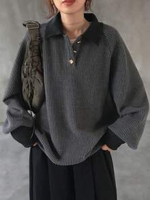 FRIFUL 女士华夫格纹针织高领卫衣，撞色装饰，金属纽扣点缀，灯笼袖，加厚长袖套头衫，秋冬款 - 灰色 - 查看 1