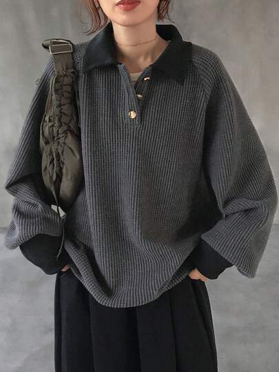 FRIFUL 女士华夫格纹针织高领卫衣，撞色装饰，金属纽扣点缀，灯笼袖，加厚长袖套头衫，秋冬款