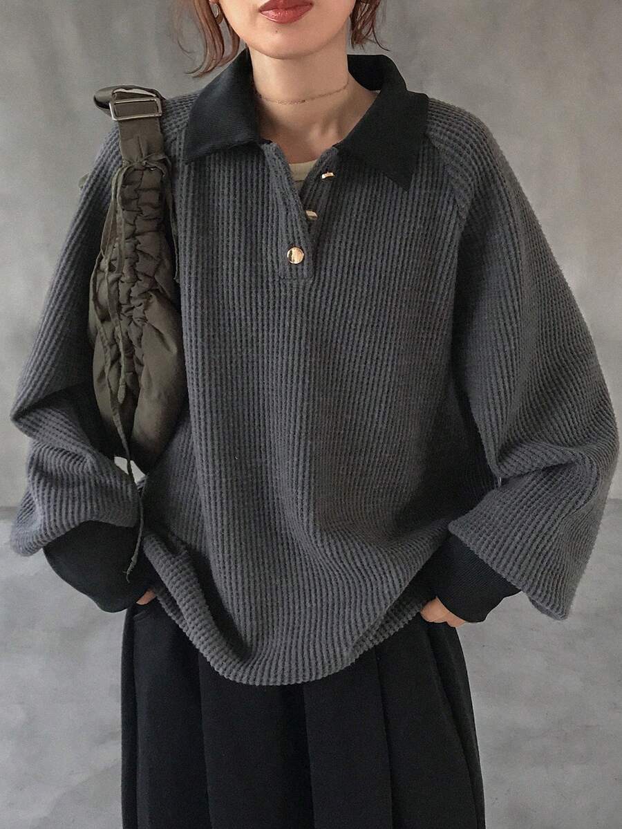 FRIFUL 女士华夫格纹针织高领卫衣，撞色装饰，金属纽扣点缀，灯笼袖，加厚长袖套头衫，秋冬款 - 灰色 - 查看 1