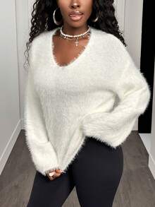 SHEIN Unity Women's V-Neck Long Sleeve Fluffy White Loose Casual Sweater - White - View 7