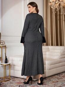 Modelyn 大码女士优雅格子V领拼接喇叭袖连衣裙 - 彩色 - 查看 2