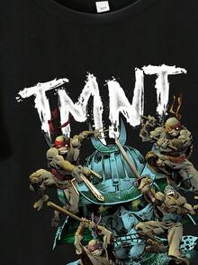 TEENAGE MUTANT NINJA TURTLES | SHEIN Tween Boy Casual Cartoon Print Short Sleeve T-Shirt, Suitable For Summer - Black - View 3