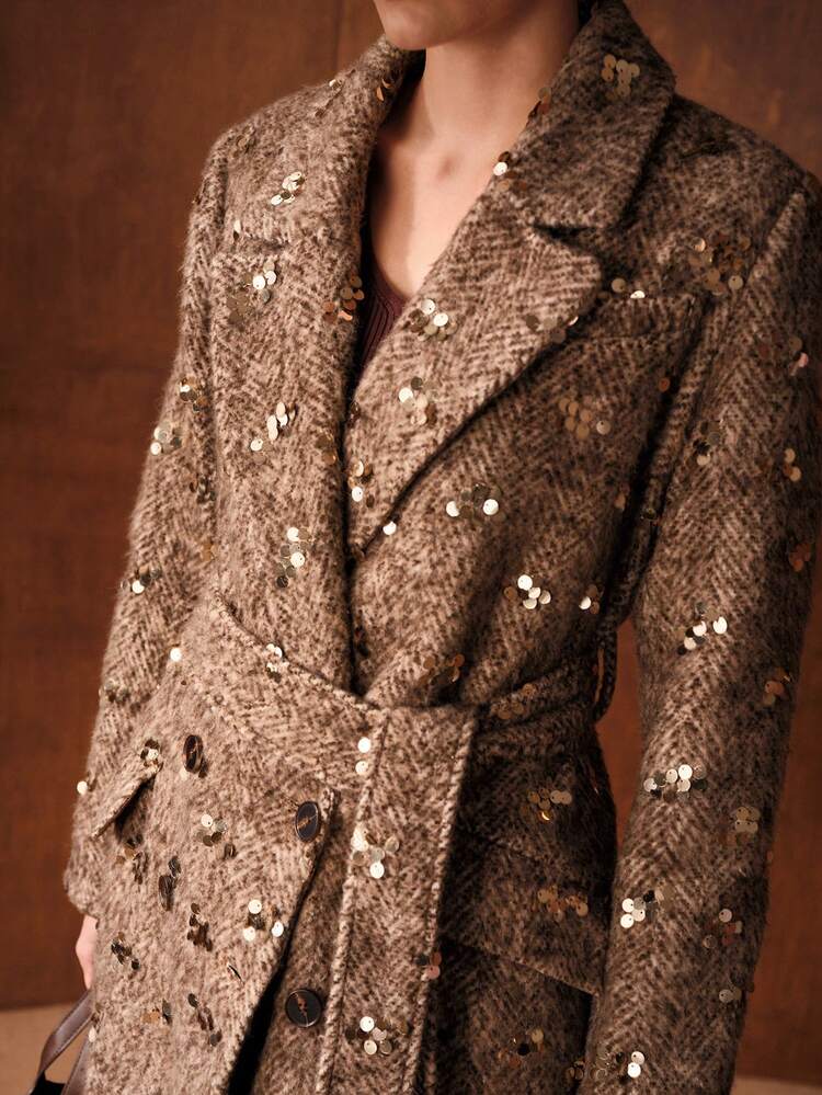 EMBELLISHED SEQUIN LAPEL COLLAR THICK HIGH-END WOMEN OVERCOAT