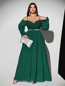 Viva Relle Váy dự tiệc nhẹ nhàng, sang trọng, lãng mạn, thanh lịch cỡ lớn dành cho nữ, hở vai, không tay, eo bó, ruy băng bóng, tay dài bằng vải voan, váy maxi dài thướt tha, phù hợp cho mùa xuân, thu và đông - Màu xanh lá cây đậm - Xem 1
