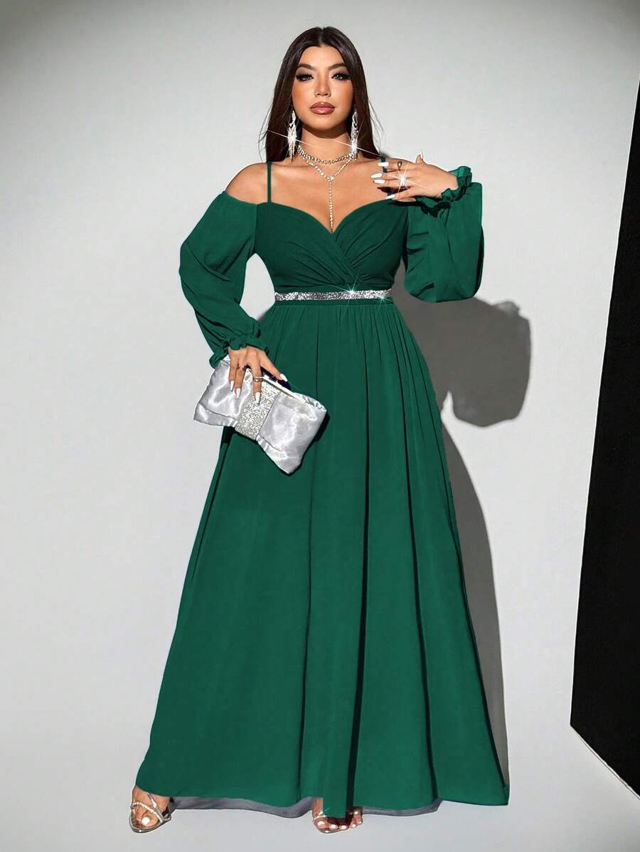 Viva Relle Váy dự tiệc nhẹ nhàng, sang trọng, lãng mạn, thanh lịch cỡ lớn dành cho nữ, hở vai, không tay, eo bó, ruy băng bóng, tay dài bằng vải voan, váy maxi dài thướt tha, phù hợp cho mùa xuân, thu và đông - Màu xanh lá cây đậm - Xem 1