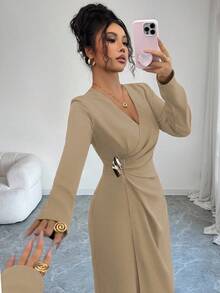 Elenzga Đầm dài ôm sát cổ bẻ cho nữ, màu trơn, đa năng khi đi làm và đi chơi, mùa xuân/thu - Màu Khaki - Xem 4