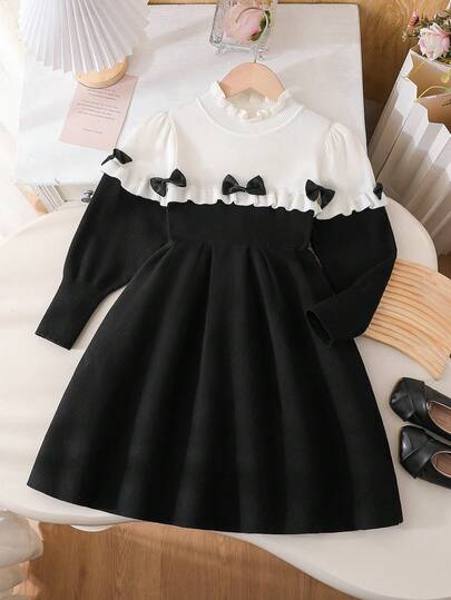 Girls' Cute Pink Knitted Dress, Bow Decor Sweet Princess Girls' Thick Sweater Dress, Suitable For 4-7 Years Old, Winter Black And White Kids Dress Black Dress For Toddler Party Dress For Young Girls Girls Autumn Winter Dress Long Sleeves Kids Dress