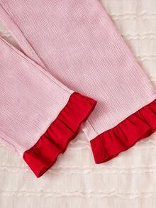 2pcs/Set Girls' Minimalist Cherry Embroidery Ruffle Trim Comfortable Loose Pajama Set