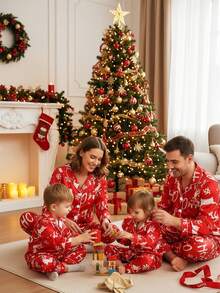 SHEIN Girls' Red And White Christmas Penguin & Candy Cane Print Fleece Pajama Set,Cute Autumn Winter Casual Comfortable 2 Pieces Matching Family Pajamas - Red - View 1