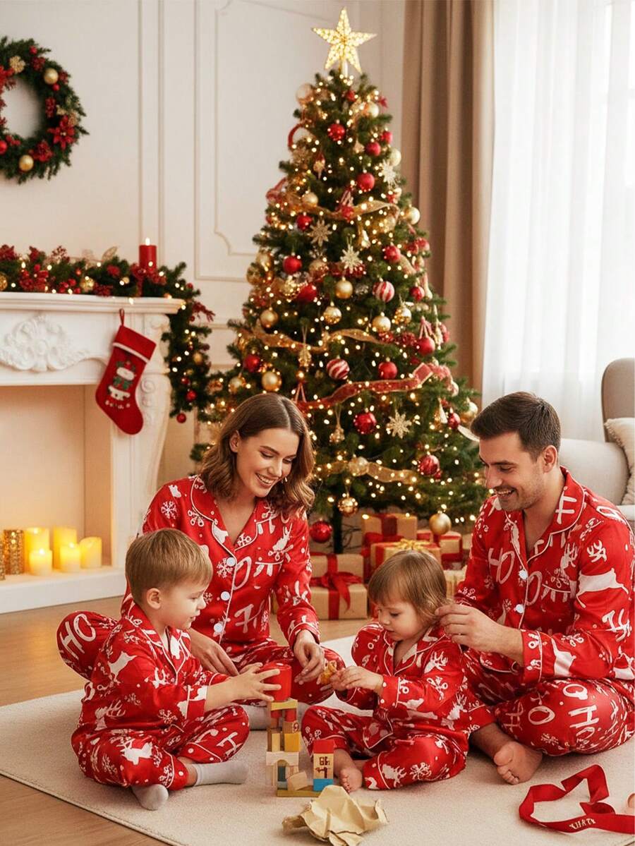 SHEIN Girls' Red And White Christmas Penguin & Candy Cane Print Fleece Pajama Set,Cute Autumn Winter Casual Comfortable 2 Pieces Matching Family Pajamas - Red - View 1