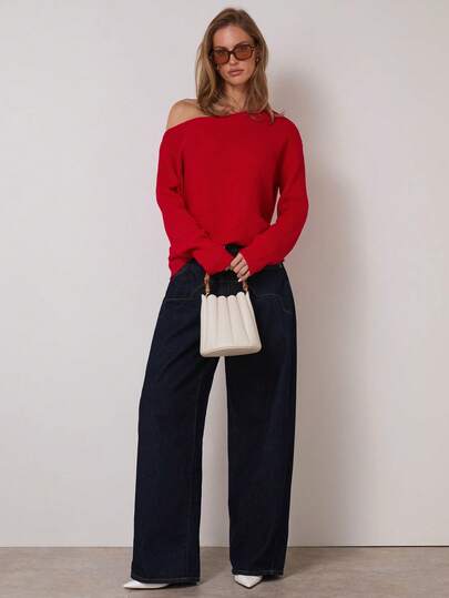 COSMINA Christmas Sweater Women's Solid Color Oblique Shoulder Long Sleeve Casual Red Sweater, Autumn/Winter New Near 2026 Red Off Shoulder Top, Off Shoulder Sweater