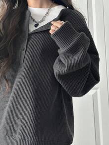 FRIFUL 女士纯色圆领纽扣前襟落肩长袖宽松休闲套头卫衣，秋冬款 - 淺灰色 - 查看 5