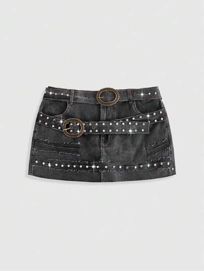 ROMWE Grunge Punk Grunge-Punk Rivet Distressed Vintage Denim Skirt With Belt, Plus Size