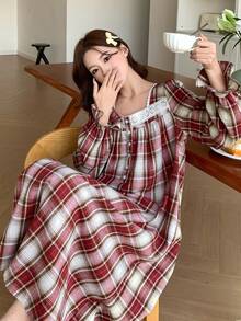 DAZY Women's Sweet Plaid Ruffle Hem Nightgown, Autumn/Winter, Moo Moo Night Dress - Red - View 1