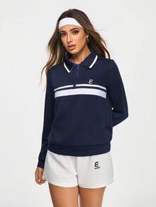 Eassivo Eassivo 女士条纹长袖拉链休闲健身运动Polo衫