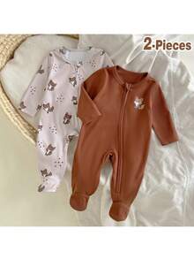 Loomiva Newborn Baby Boy/Girl Cartoon Bear Pattern Knitted Soft Crew Neck Long Sleeve Jumpsuit 2pcs Set - Multicolor - View 3