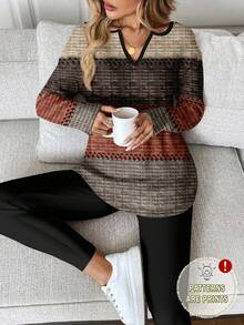 EMERY ROSE 2pcs/Set Women's Deep Brown & Orange Striped Print Long Sleeve T-Shirt And Leggings, Suitable For , Homewear Style Work From Home Outfit Fall Clothing For Women Jumper For Woman,Flower/Spring/Summer/Vacation - Multicolor - View 1