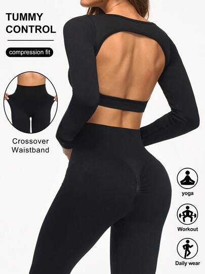 Eassivo Eassivo Women's Seamless Black 2 Piece Workout Set,Long Sleeve Open Back Crop Top & High Waist Scrunch Leggings, Yoga Outfit Gym Activewear