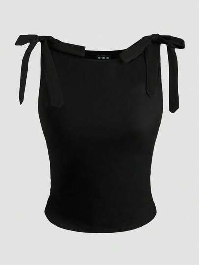 GlowEve Women's Summer Tank Top, Black, Round Neck, Sleeveless, Tie Shoulder Design, Slim Fit, Versatile & Fashionable
