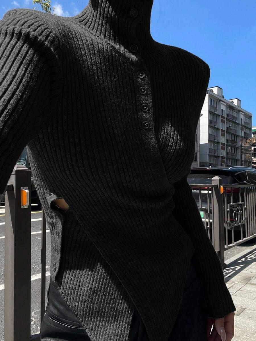 DAZY Women's Autumn High Neck Criss-Cross Hem Sweater - Black - View 1