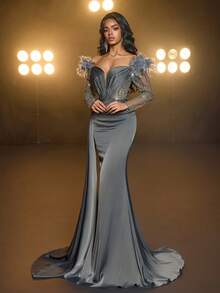 Glamrae Váy maxi đuôi cá dài tay bằng vải satin co giãn, đính cườm và sequin sang trọng, xẻ tà bên hông, thích hợp cho đám cưới, tiệc tùng, vũ hội, kỳ nghỉ, những dịp trang trọng (được tô điểm nhiều) - xanh quân đội - Xem 6