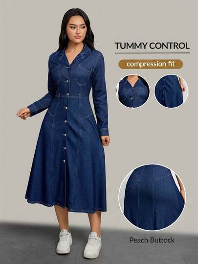 Flexra Damklänning med slagkrage, långärmad, enkelknäppt, avslappnad pendlingsjeans