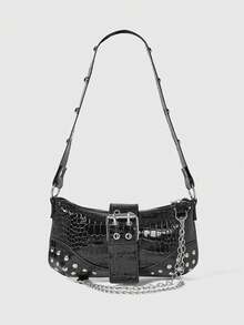 ROMWE Grunge Punk Túi đeo vai trang trí xích thời trang & đa năng, thích hợp cho phụ nữ đi làm hàng ngày - màu đen - Xem 1