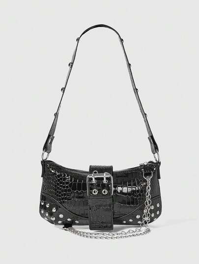 ROMWE Grunge Punk 时尚百搭链条装饰单肩包，适合女性通勤日常使用