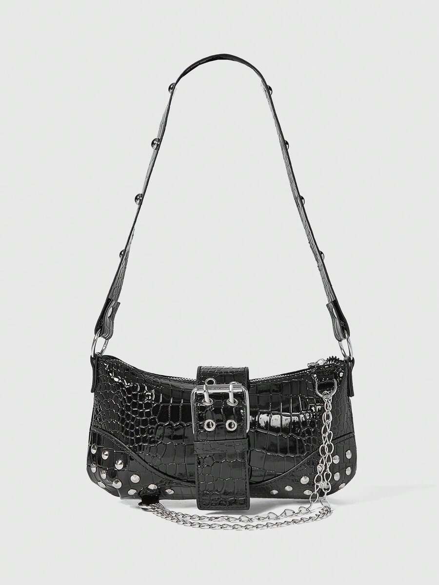 ROMWE Grunge Punk Túi đeo vai trang trí xích thời trang & đa năng, thích hợp cho phụ nữ đi làm hàng ngày - màu đen - Xem 1