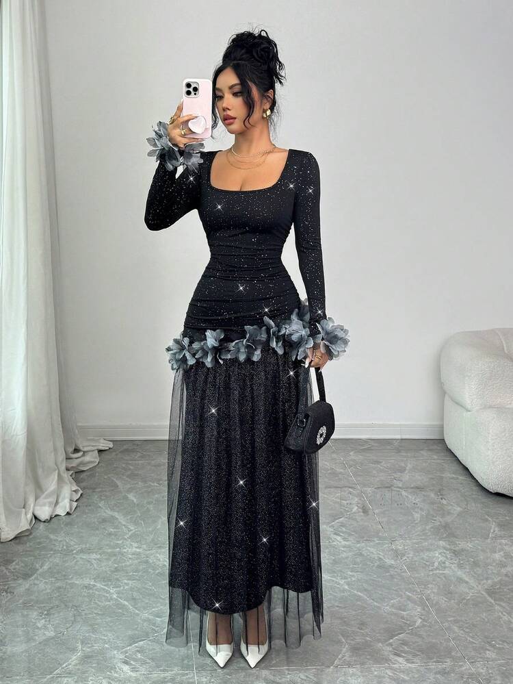 Elenzga New Arrival Romantic Vacation Design Floral Lace Trim Deep V-Neck Glitter Mesh Patchwork Dress For Women - Black - View 4