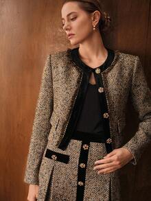 MOTF PREMIUM 粗花呢撞色天鹅绒夹克，秋冬 - 卡其色 - 查看 6