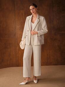 MOTF PREMIUM TWEED CHAIN DETAIL STRUCTURED BLAZER - White - View 5