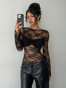 Aloruh 女士纯黑色蕾丝性感露背连体衣，秋冬新品 - 酒紅色 - 查看 6