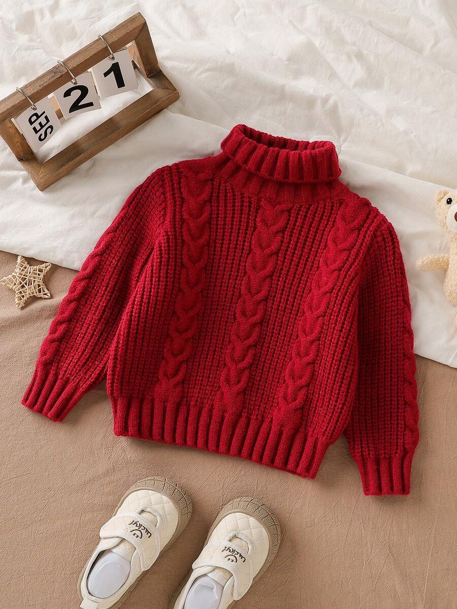 SHEIN Vintaside Kids Baby Boy Autumn/Winter Knitted Sweater, Fashionable Turtleneck Sweater New Arrival. The Green Tone Presents A Fresh And Cute Childlike Style. Made Of Soft And Comfortable Fabric, Suitable For Delicate , Making The Baby Feel Warm And Cozy When Wearing It. The Fluffy And Colorful Dotted Yarn Is Soft And Comfortable, With Good Warmth Retention. Suitable For Family Gatherings, Outings, Parent-Child Time, And Christmas Parties. Red Clothes For Baby Boy Knit Sweater Toddler Baby Solid Color Knitted Sw