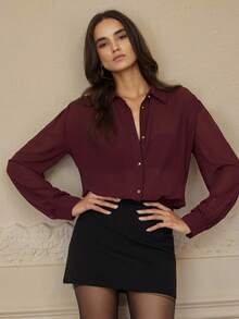 Aveloria Rosie Blusa elegante y versátil de mujer con mangas largas, de diseño plisado de gasa estilizante y de moda - Burdeos - Ver 5