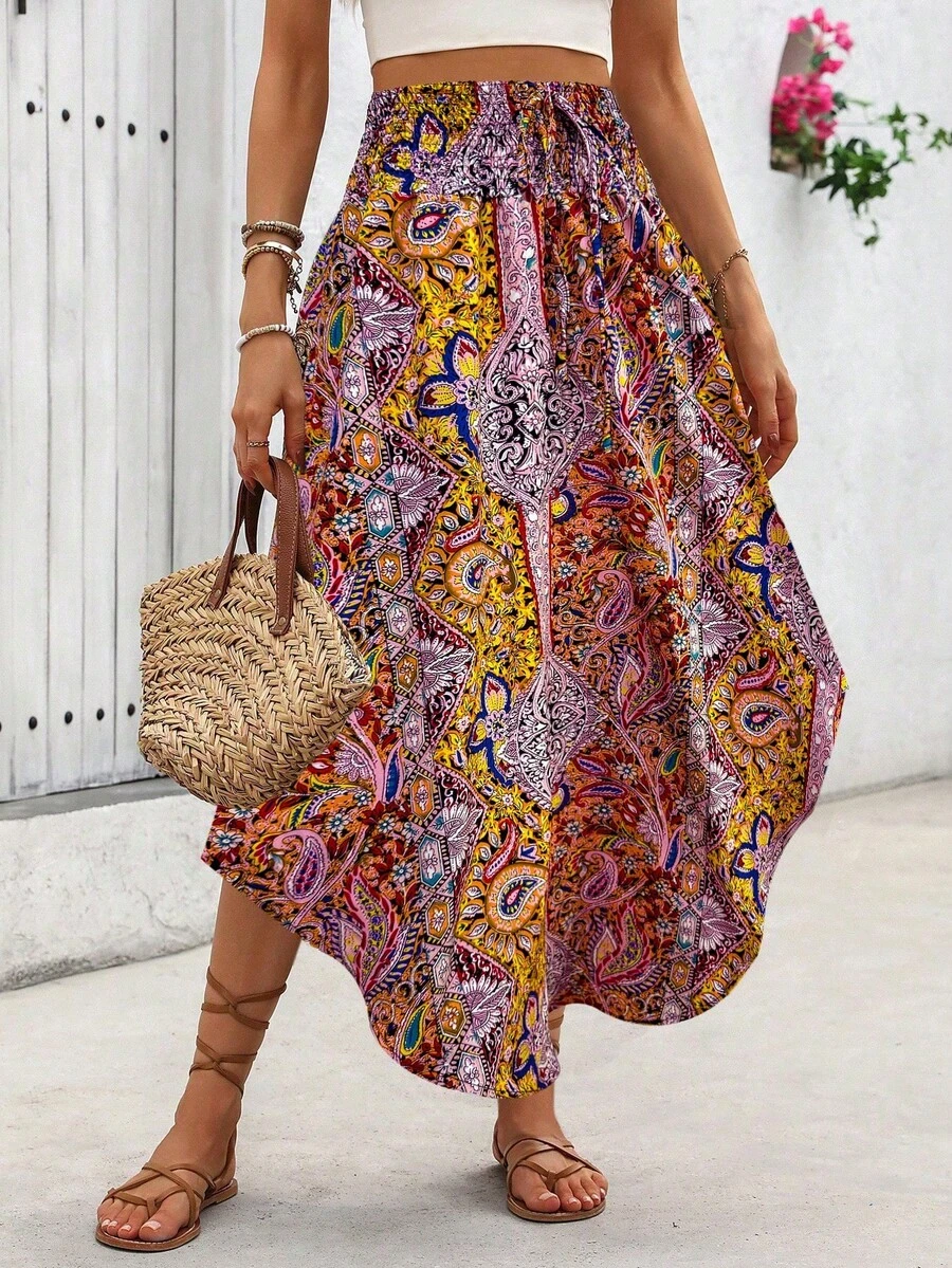 SHEIN LUNE 假日随机佩斯利印花弧形下摆长裙度假沙滩装女装 - 彩色 - 查看 1